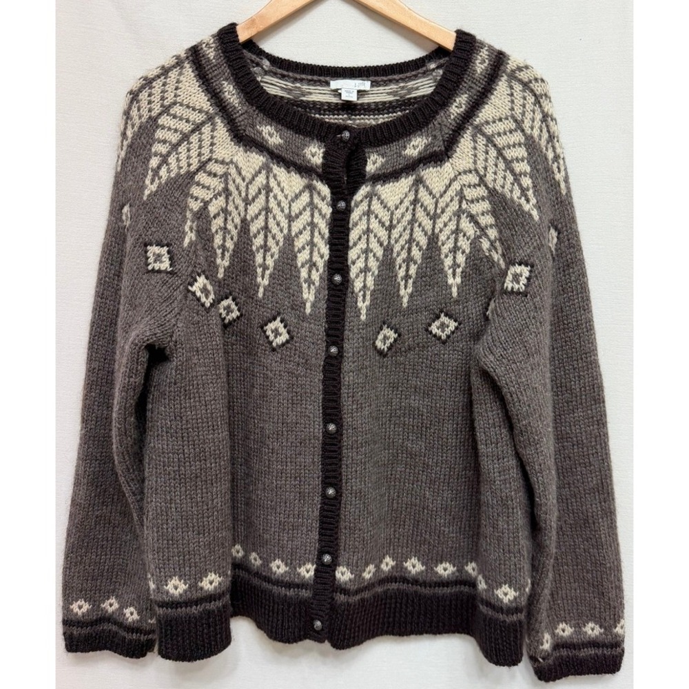 J. Jill Women's Cardigan Sweater Fair Isle Wool Blend Grey Petite L Cabincore